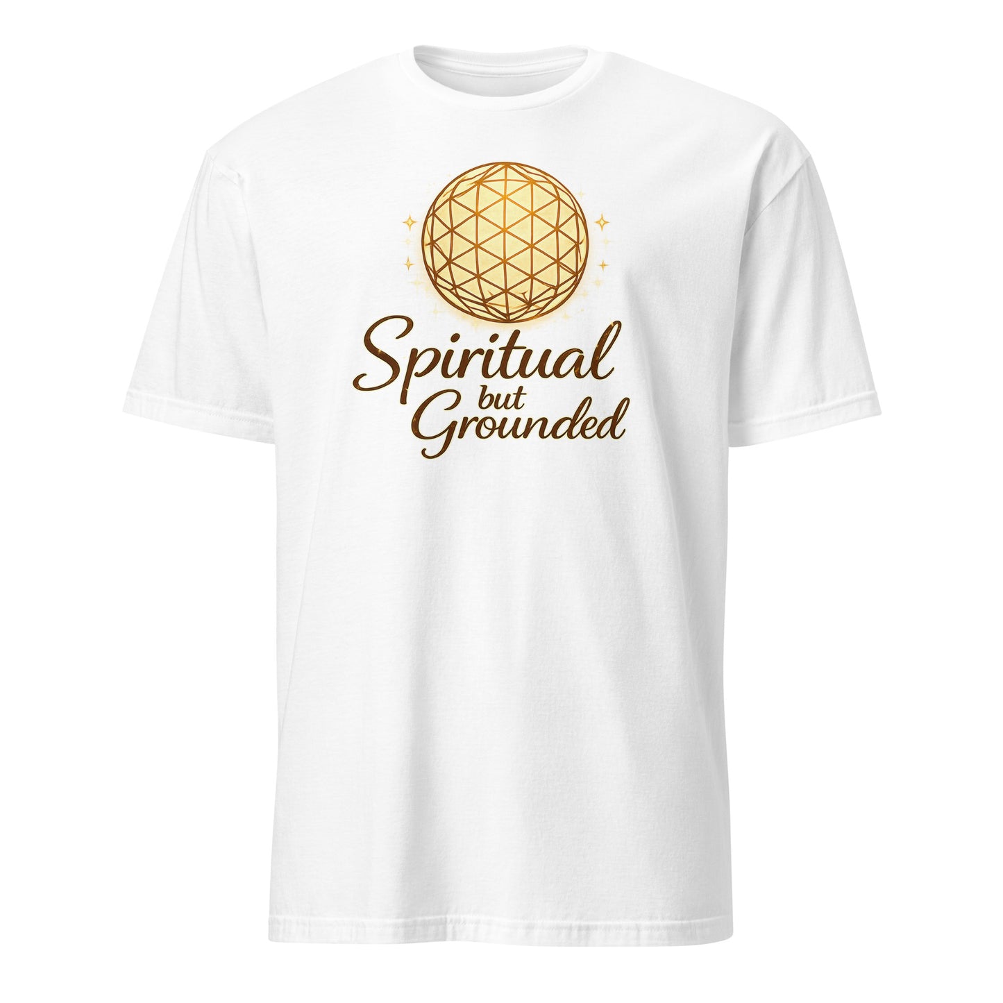 Front view of White Spiritual But Grounded Spiritual Tee by Enlight Me Center