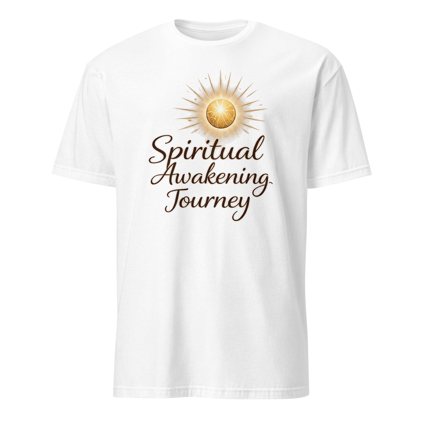 Front view of White Spiritual Awakening Journey Spiritual Tee by Enlight Me Center