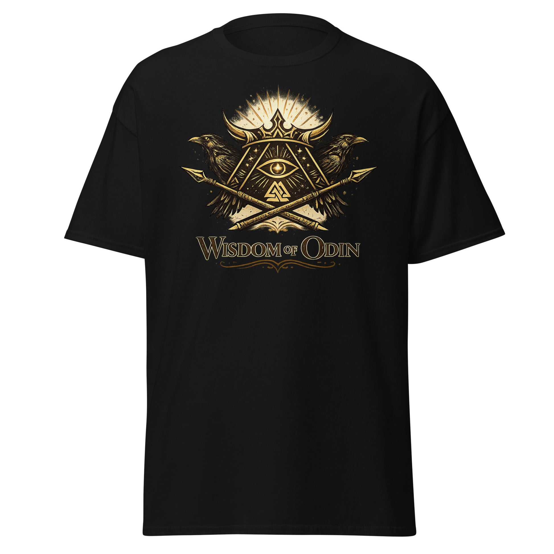 Front view of Black Ephessus Wisdom of Odin Norse Warrior Classic Tee by Enlight Me Center
