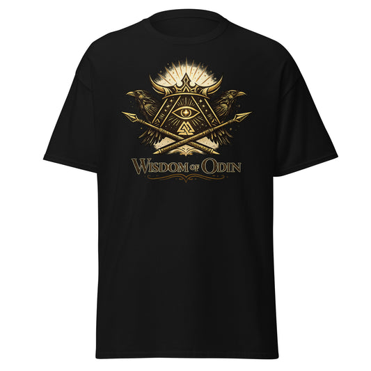Front view of Black Ephessus Wisdom of Odin Norse Warrior Classic Tee by Enlight Me Center