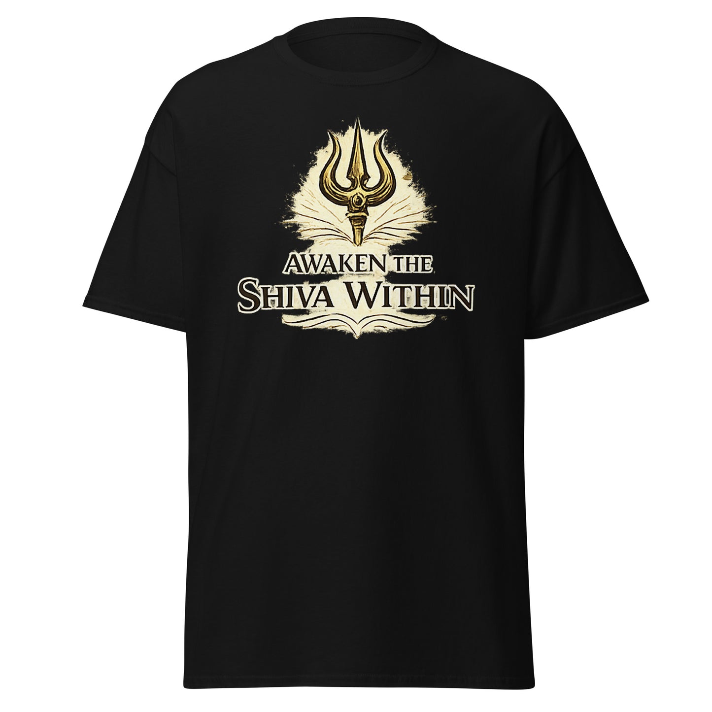 Front view of Black Awaken the Shiva Within Spiritual Tee by Enlight Me Center