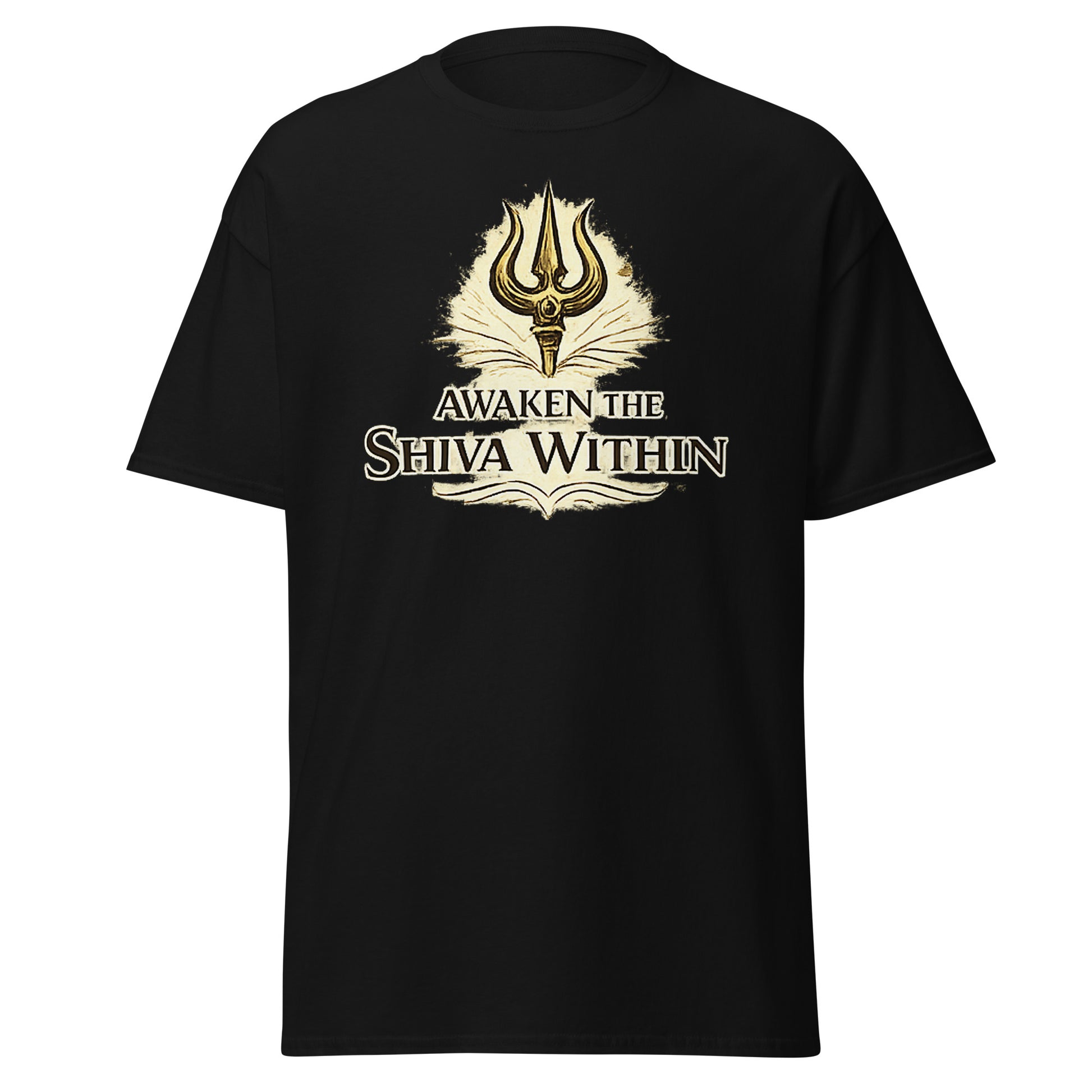 Front view of Black Awaken the Shiva Within Spiritual Tee by Enlight Me Center