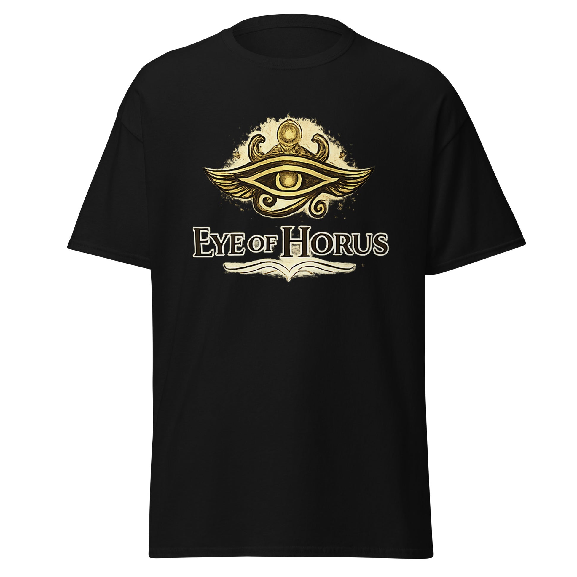 Front view of Black Eye of Horus Spiritual Tee by Enlight Me Center
