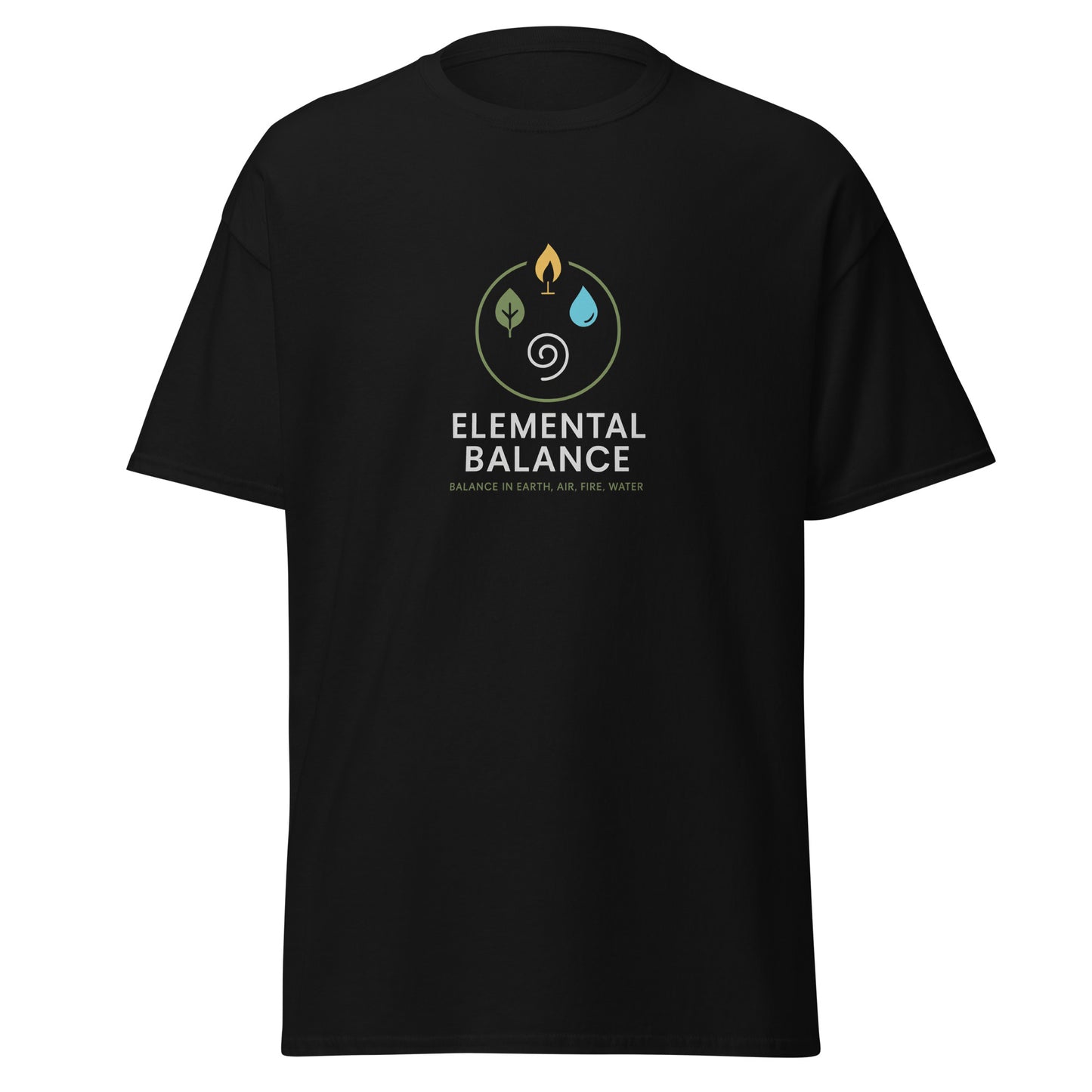 Front view of Black Elemental Balance Spiritual Tee by Enlight Me Center