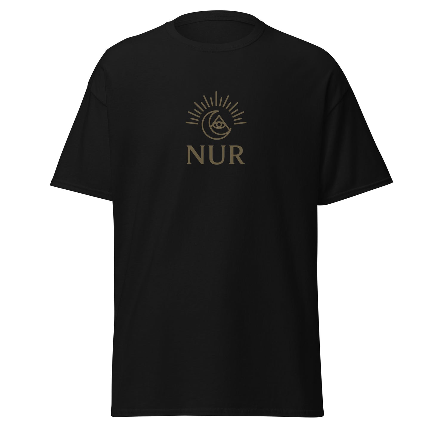Front view of Black NUR Spiritual Tee by Enlight Me Center