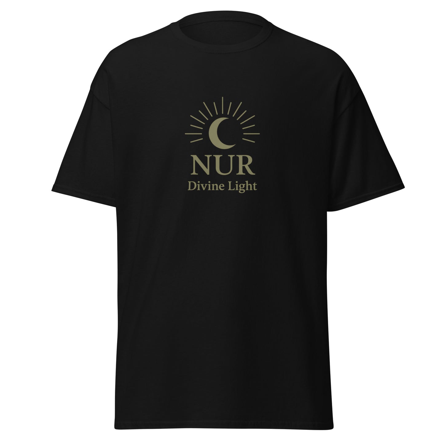 Front view of Black NUR Divine Light Spiritual Tee by Enlight Me Center