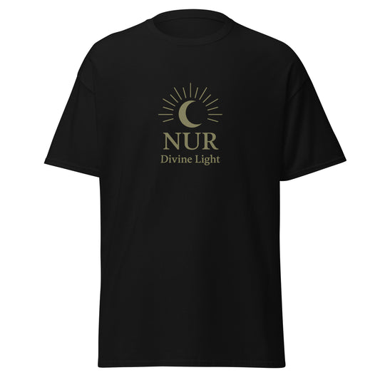 Front view of Black NUR Divine Light Spiritual Tee by Enlight Me Center