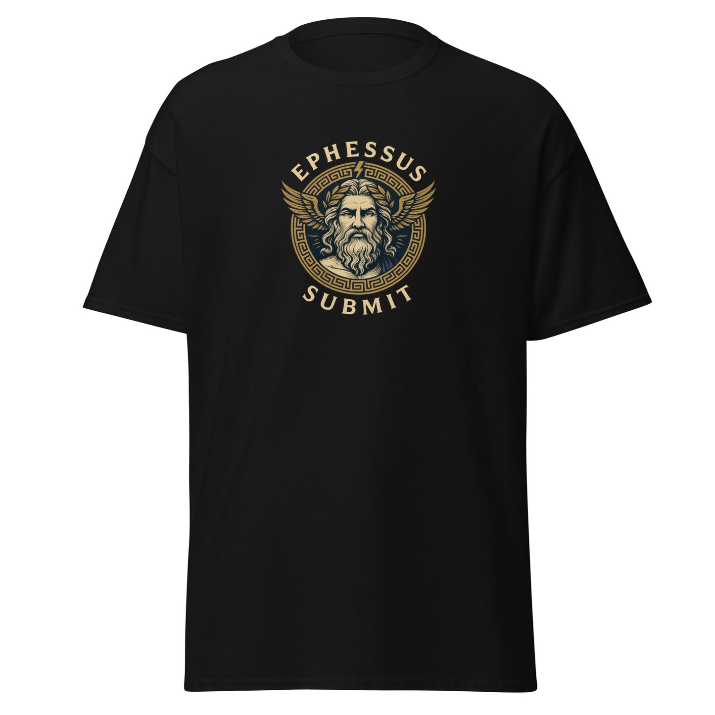 Front view of Black Ephessus Zeus The Thunder King Mythology Classic Tee by Enlight Me Center