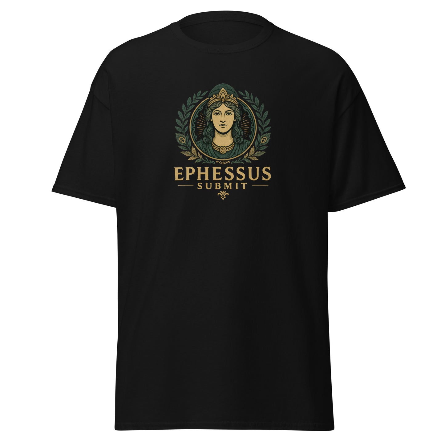 Front view of Black Ephessus Hera The Sovereign Queen Divine Feminine Classic Tee by Enlight Me Center