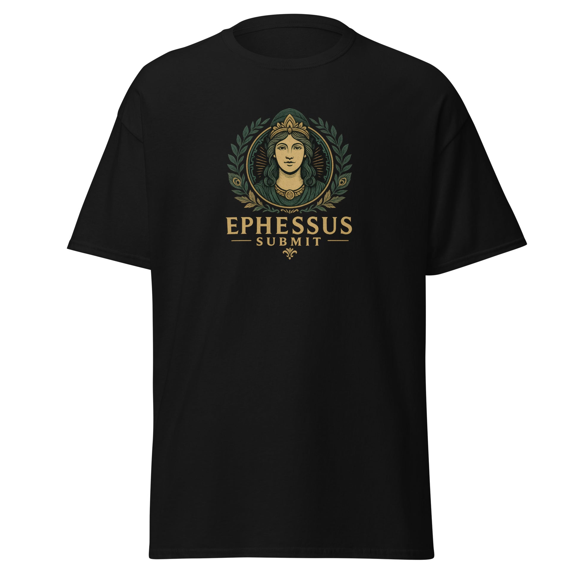 Front view of Black Ephessus Hera The Sovereign Queen Divine Feminine Classic Tee by Enlight Me Center