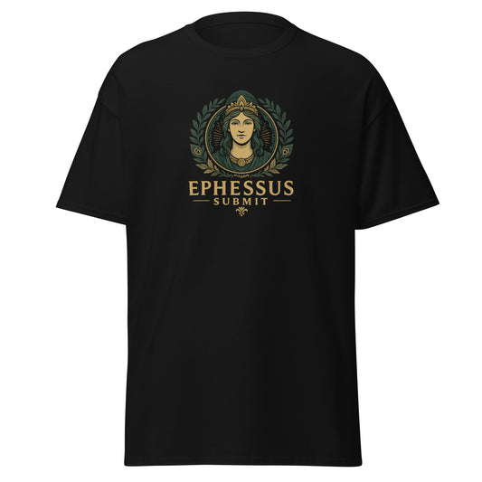 Front view of Black Ephessus Hera The Sovereign Queen Divine Feminine Classic Tee by Enlight Me Center
