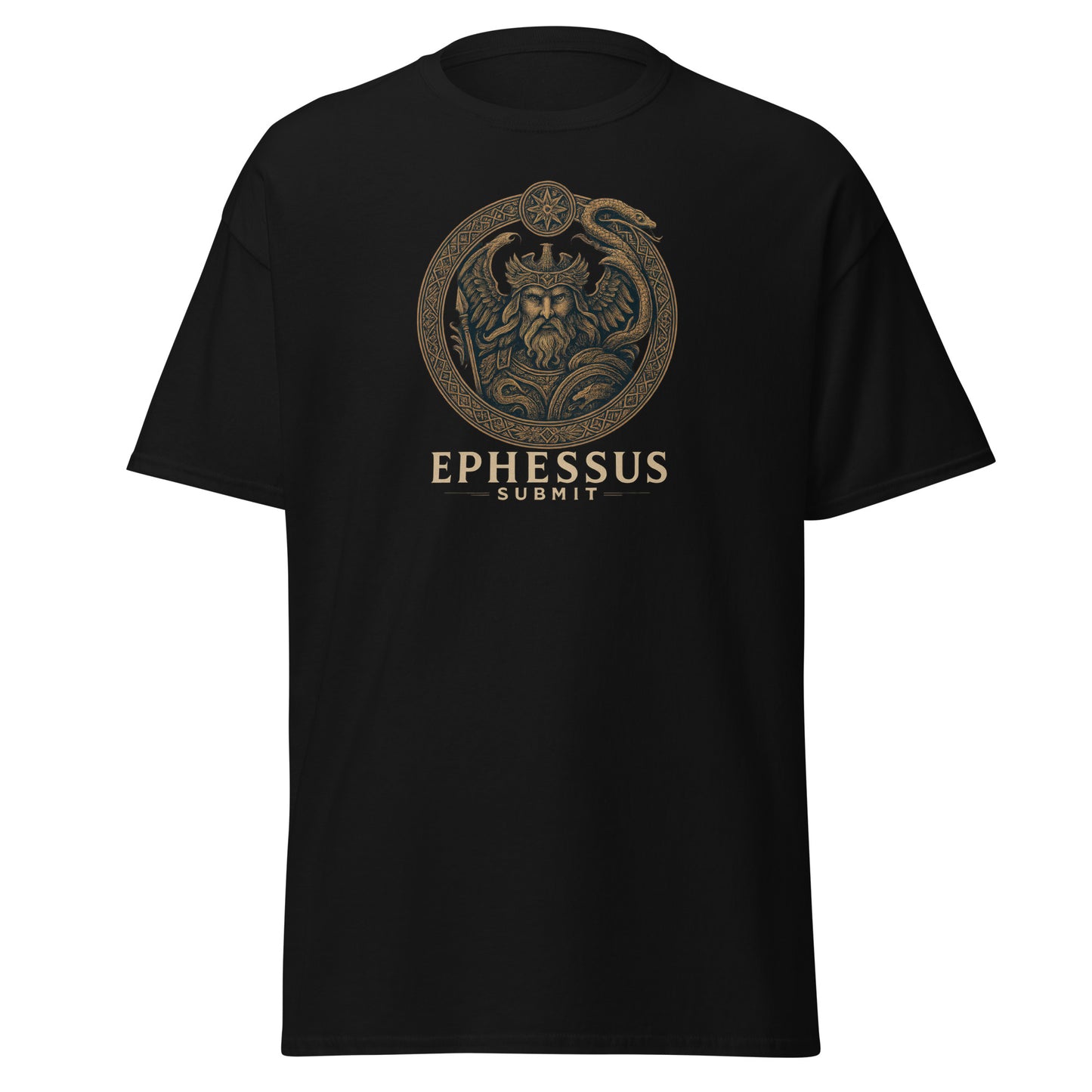 Front view of Black Ephessus Poseidon The Storm Bringer Mythology Classic Tee by Enlight Me Center