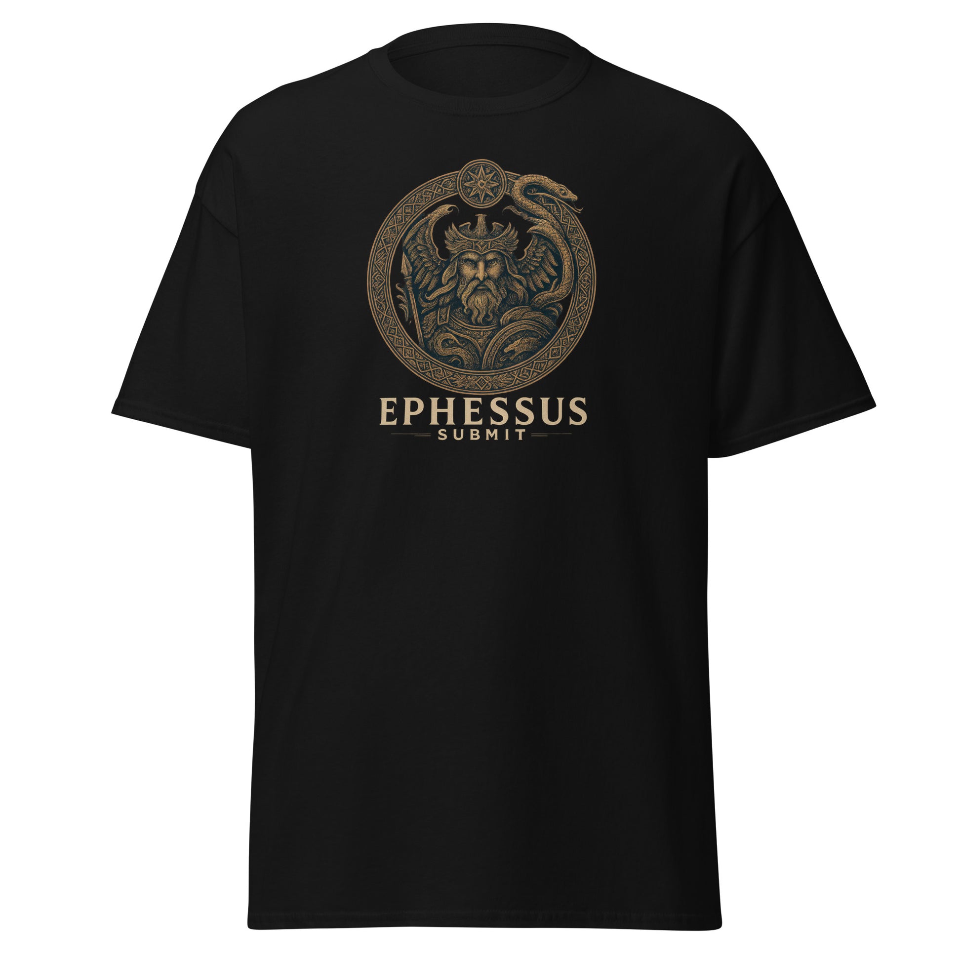 Front view of Black Ephessus Poseidon The Storm Bringer Mythology Classic Tee by Enlight Me Center