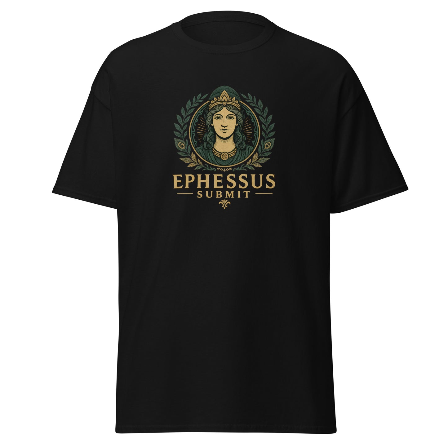 Front view of Black Ephessus Hera The Sovereign Queen Divine Feminine Classic Tee by Enlight Me Center