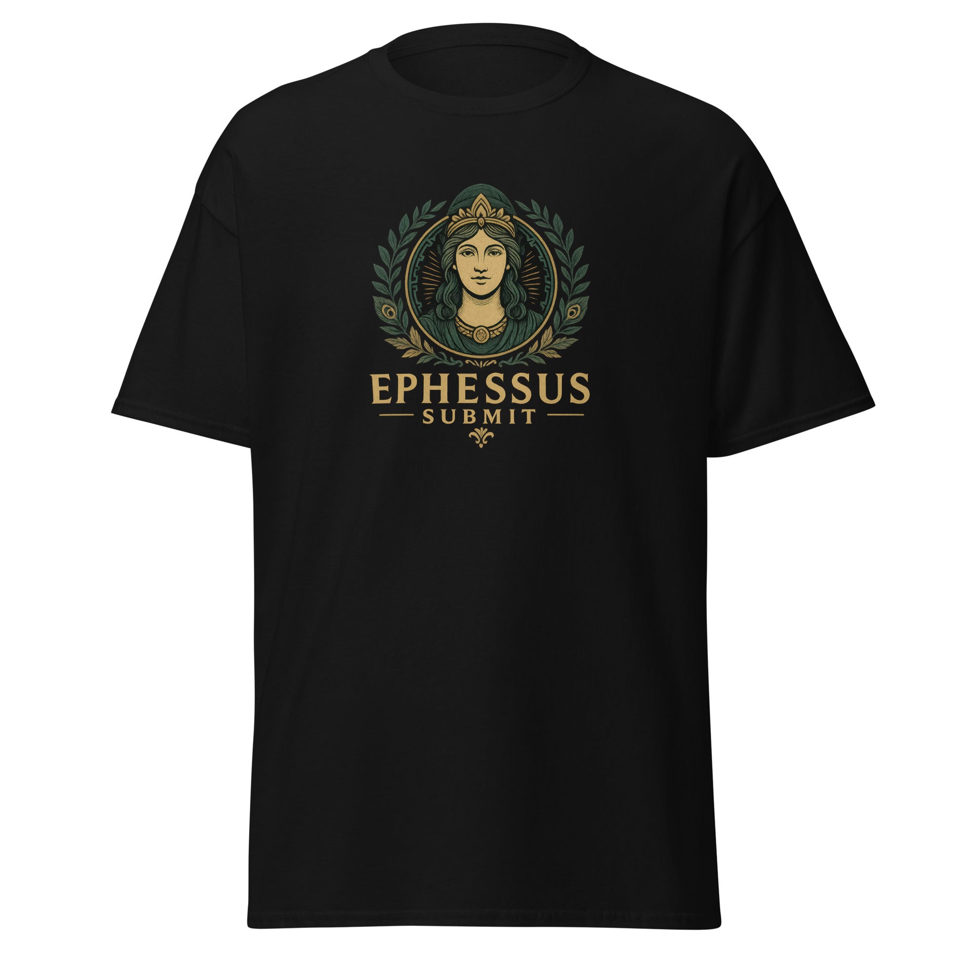 Front view of Black Ephessus Hera The Sovereign Queen Divine Feminine Classic Tee by Enlight Me Center