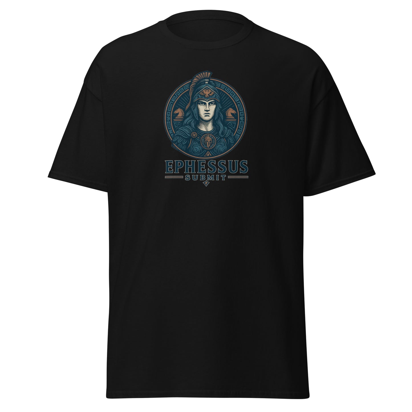 Front view of Black Ephessus Athena The Defender Divine Warrior Classic Tee by Enlight Me Center