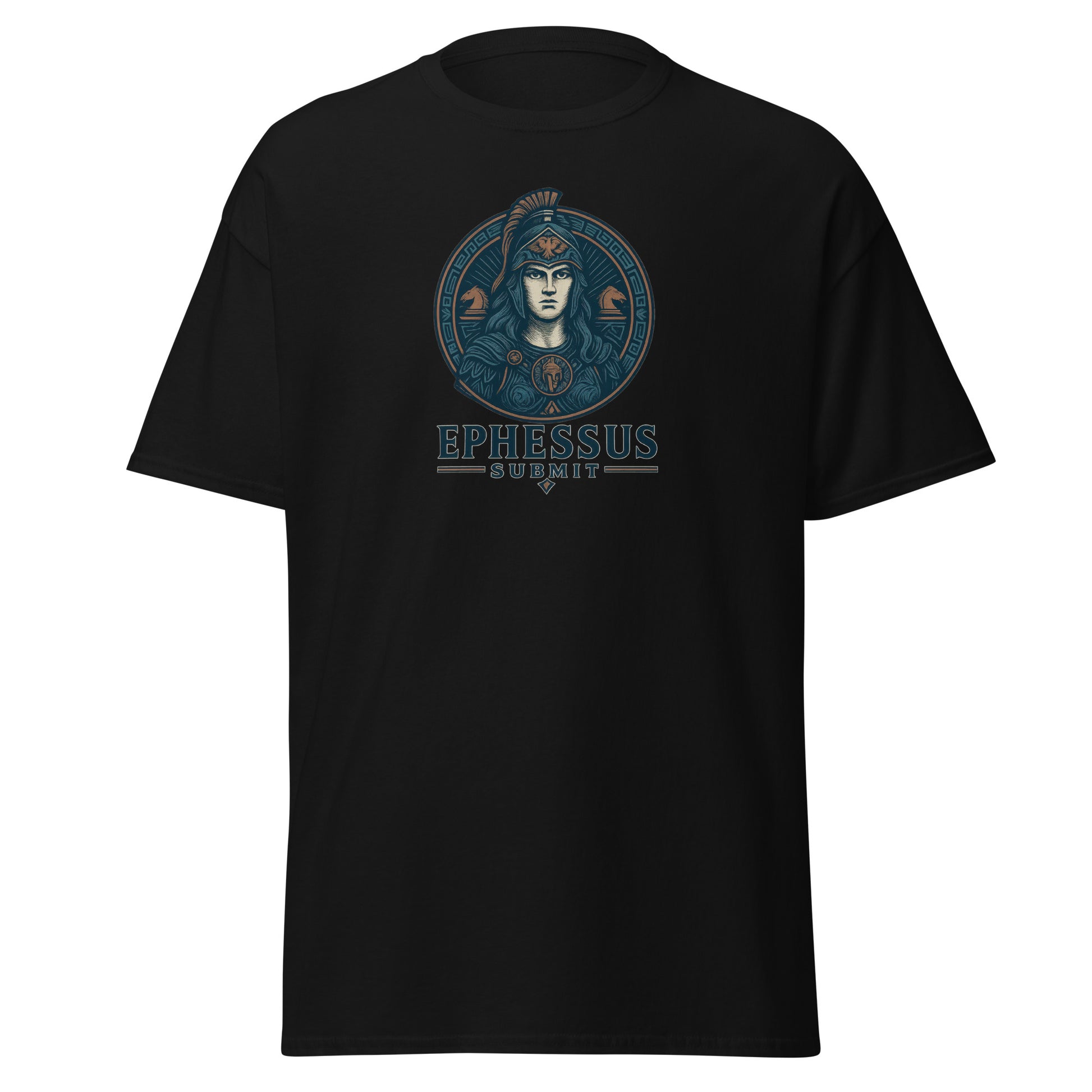 Front view of Black Ephessus Athena The Defender Divine Warrior Classic Tee by Enlight Me Center