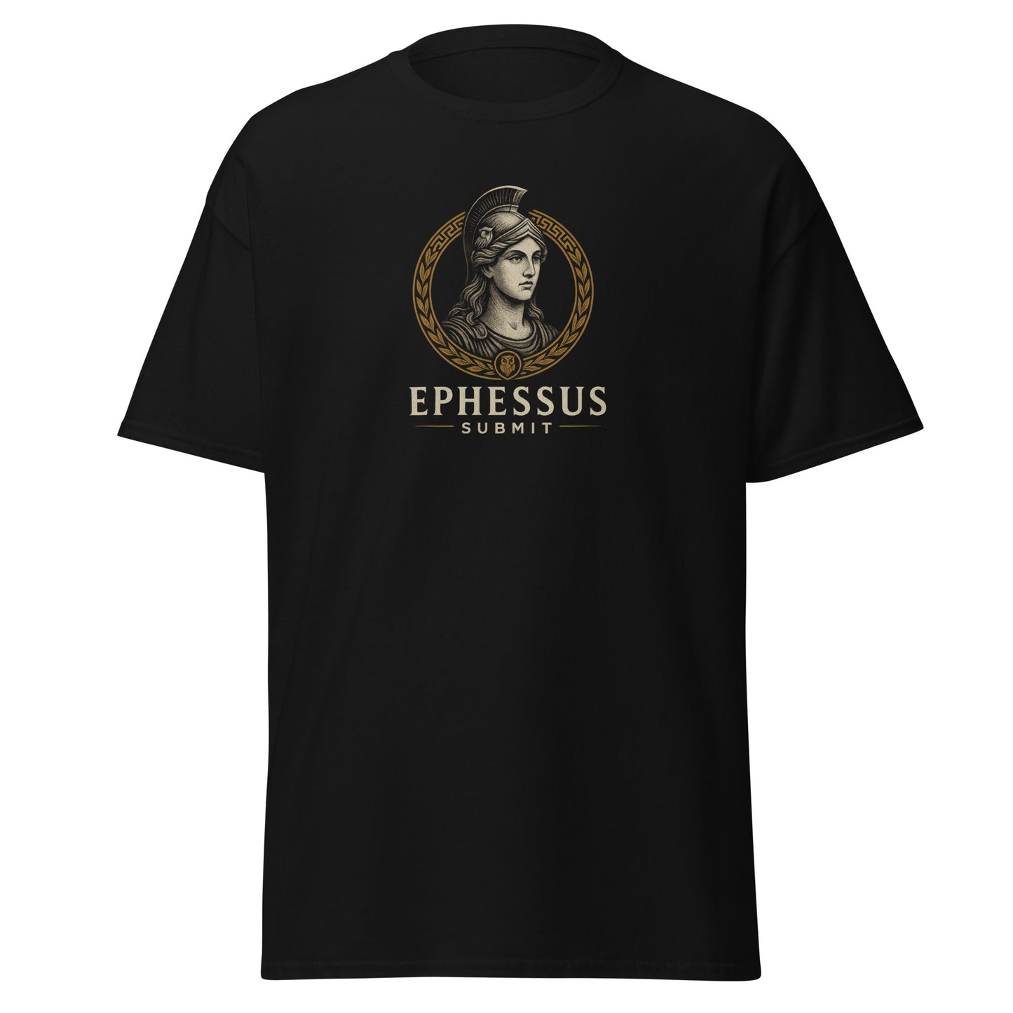 Front view of Black Ephessus Athena The Wise Guardian Divine Feminine Classic Tee by Enlight Me Center