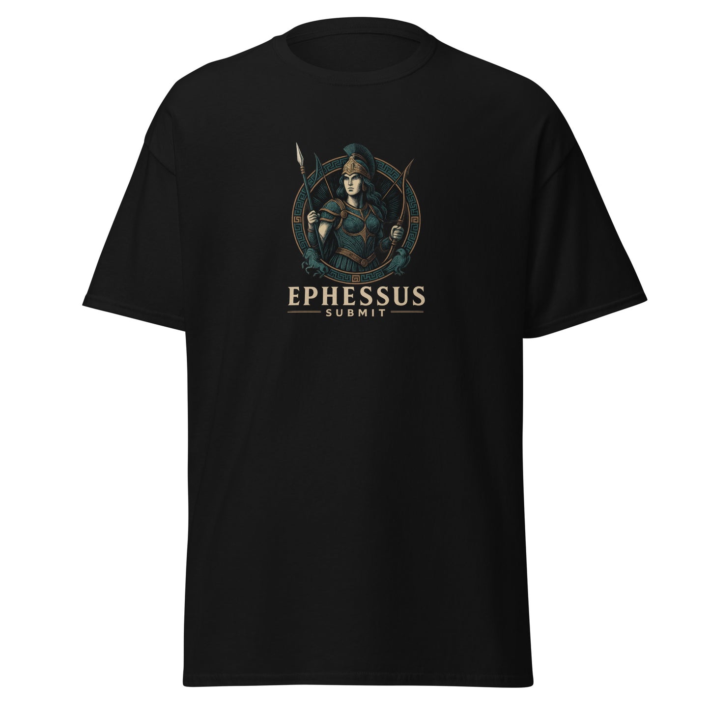 Front view of Black Ephessus Athena The Owl-Bearer Divine Feminine Classic Tee by Enlight Me Center