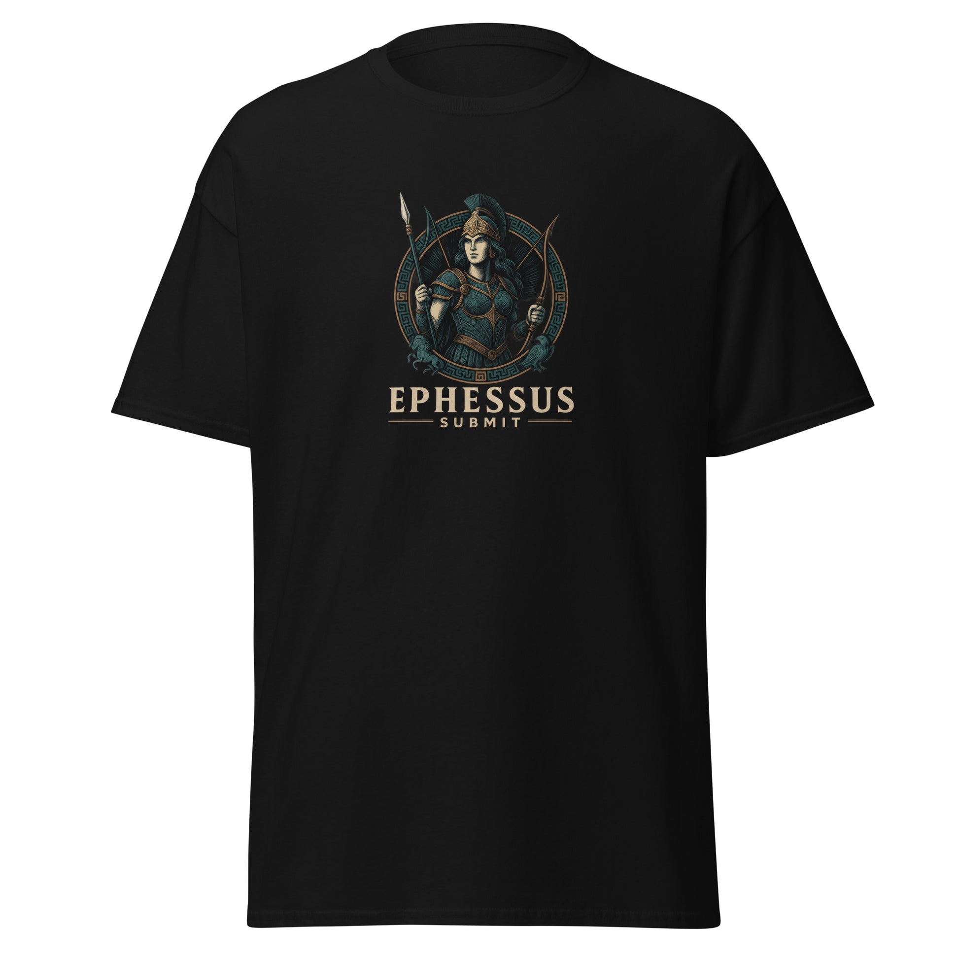 Front view of Black Ephessus Athena The Owl-Bearer Divine Feminine Classic Tee by Enlight Me Center