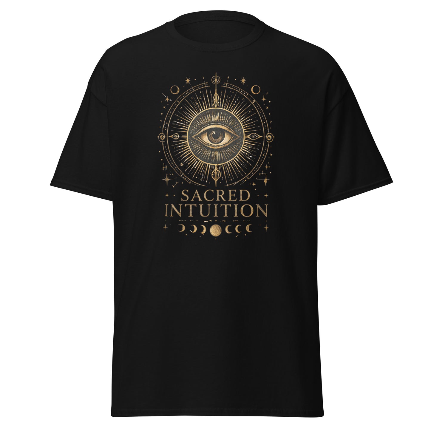 Black unisex t-shirt featuring an all-seeing eye illustration with celestial symbols, moon phases, and the inspirational phrase “Sacred Intuition.”