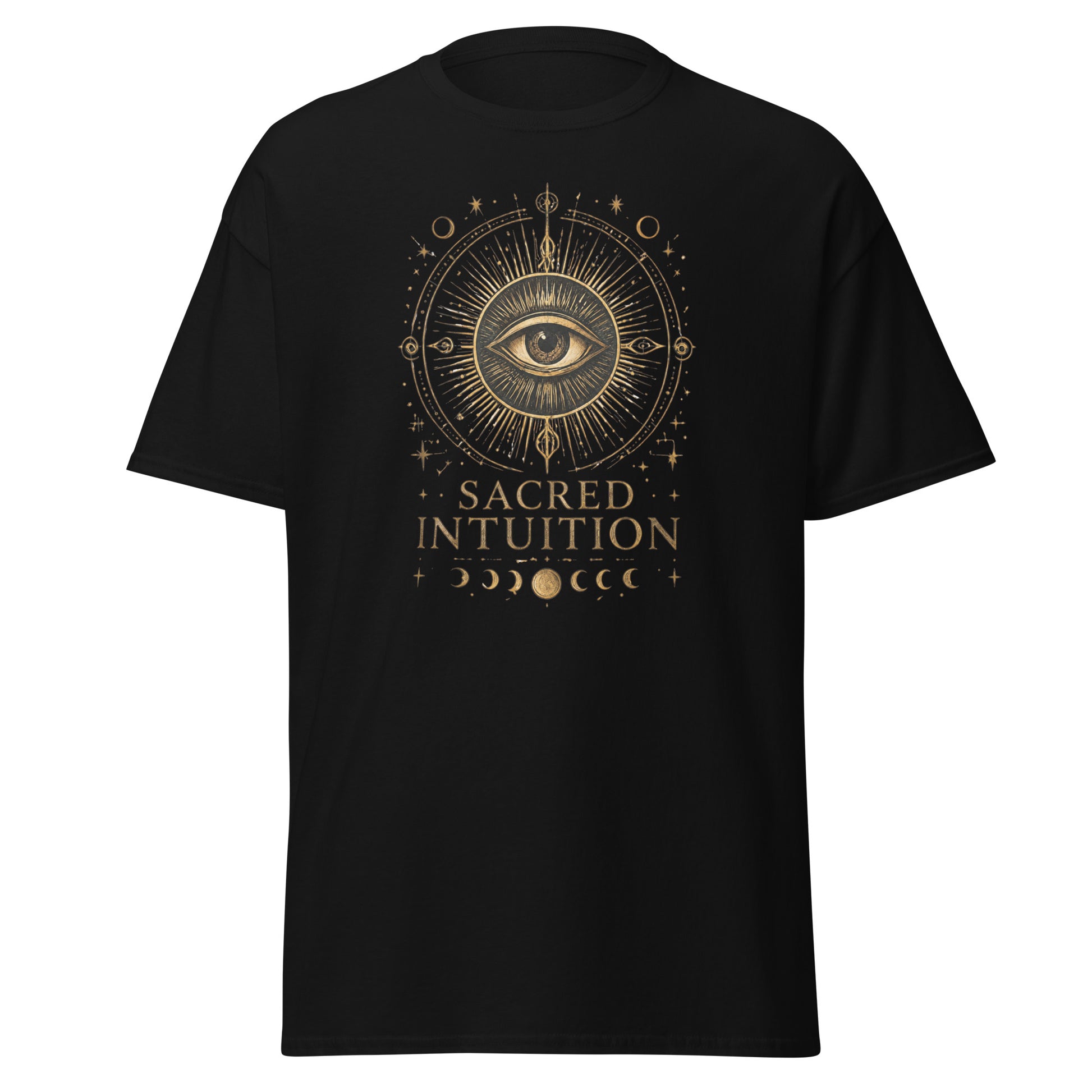 Black unisex t-shirt featuring an all-seeing eye illustration with celestial symbols, moon phases, and the inspirational phrase “Sacred Intuition.”