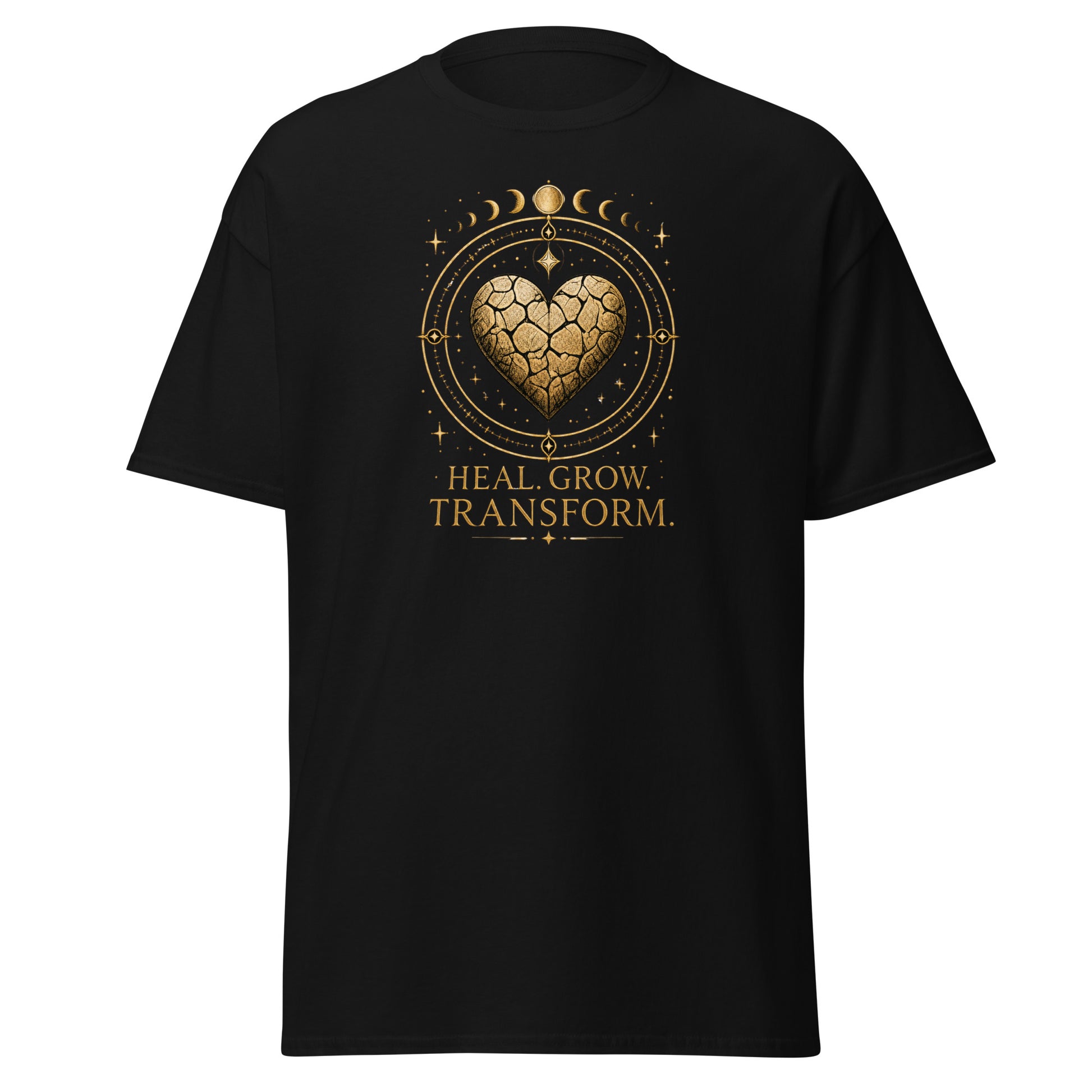 Front view of Black Heal Grow Transform Mystical Spiritual Tee by Enlight Me Center