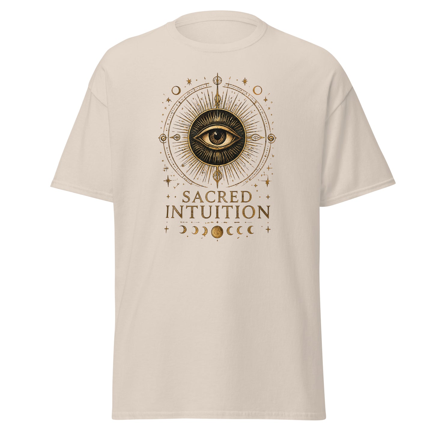 Natural beige unisex t-shirt featuring an all-seeing eye illustration with celestial symbols, moon phases, and the inspirational phrase “Sacred Intuition.”