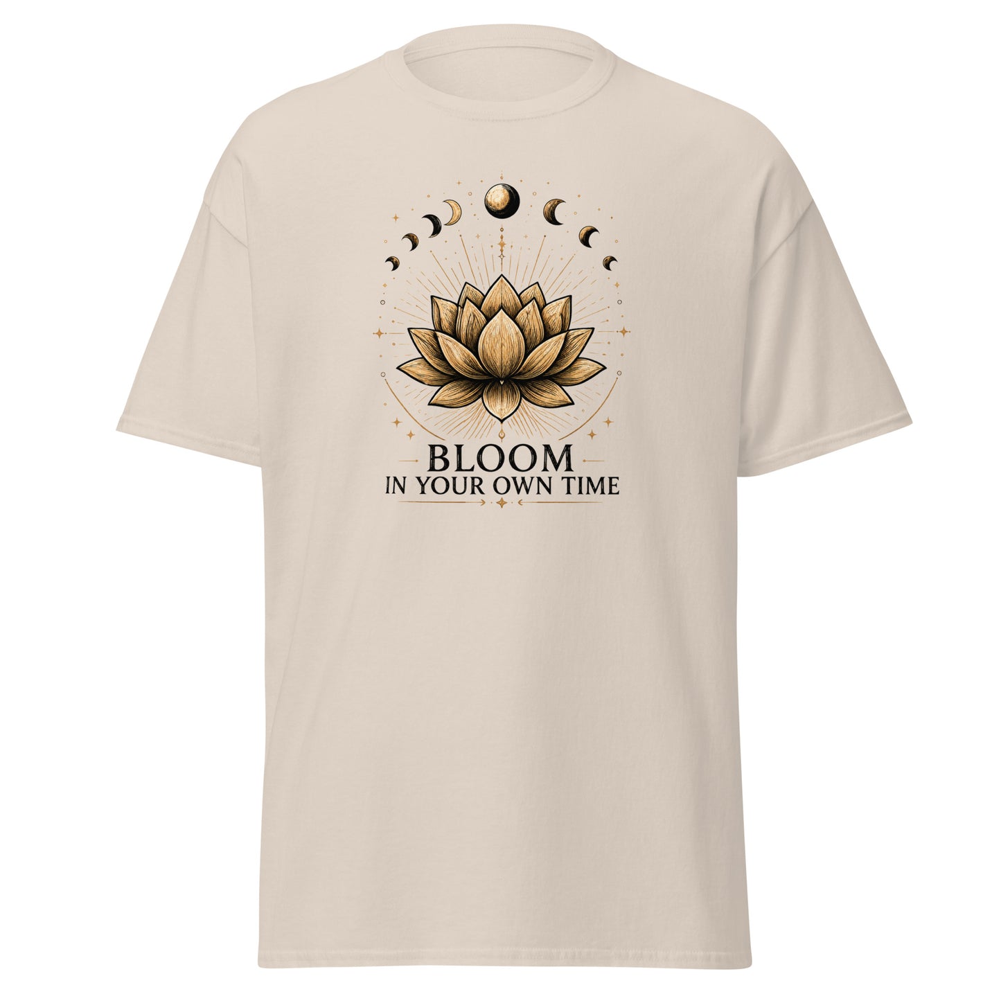Front view of Natural Bloom in Your Own Time Mystical Spiritual Tee by Enlight Me Center