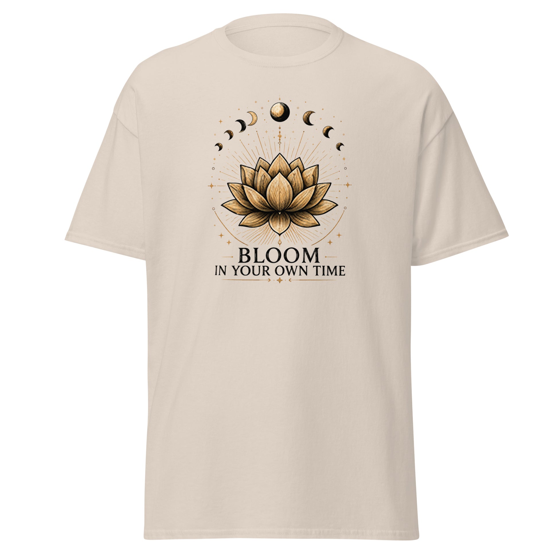 Front view of Natural Bloom in Your Own Time Mystical Spiritual Tee by Enlight Me Center