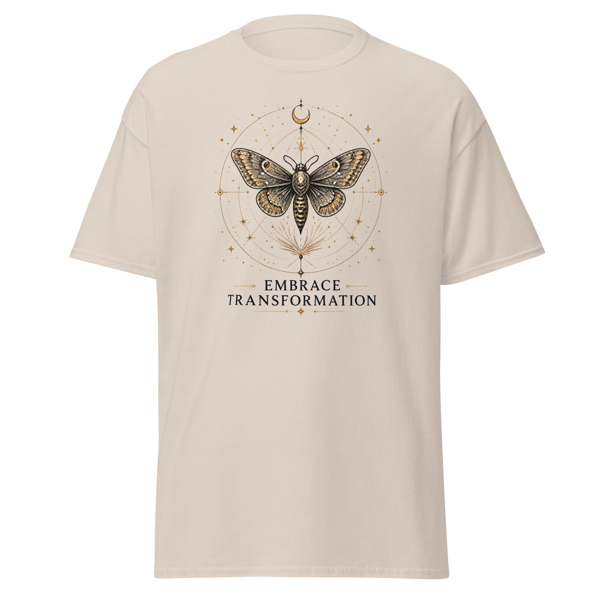 Front view of Natural Embrace Transformation Mystical Spiritual Tee by Enlight Me Center