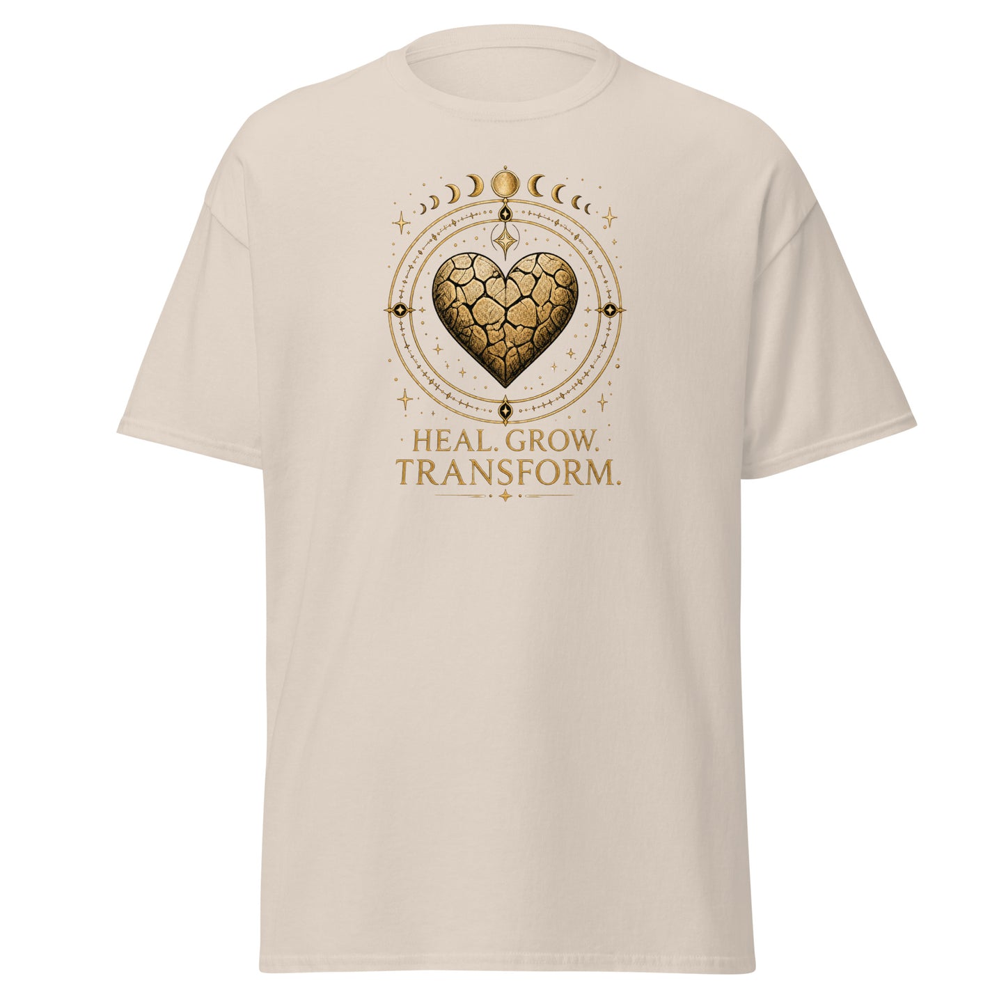 Front view of Natural Heal Grow Transform Mystical Spiritual Tee by Enlight Me Center