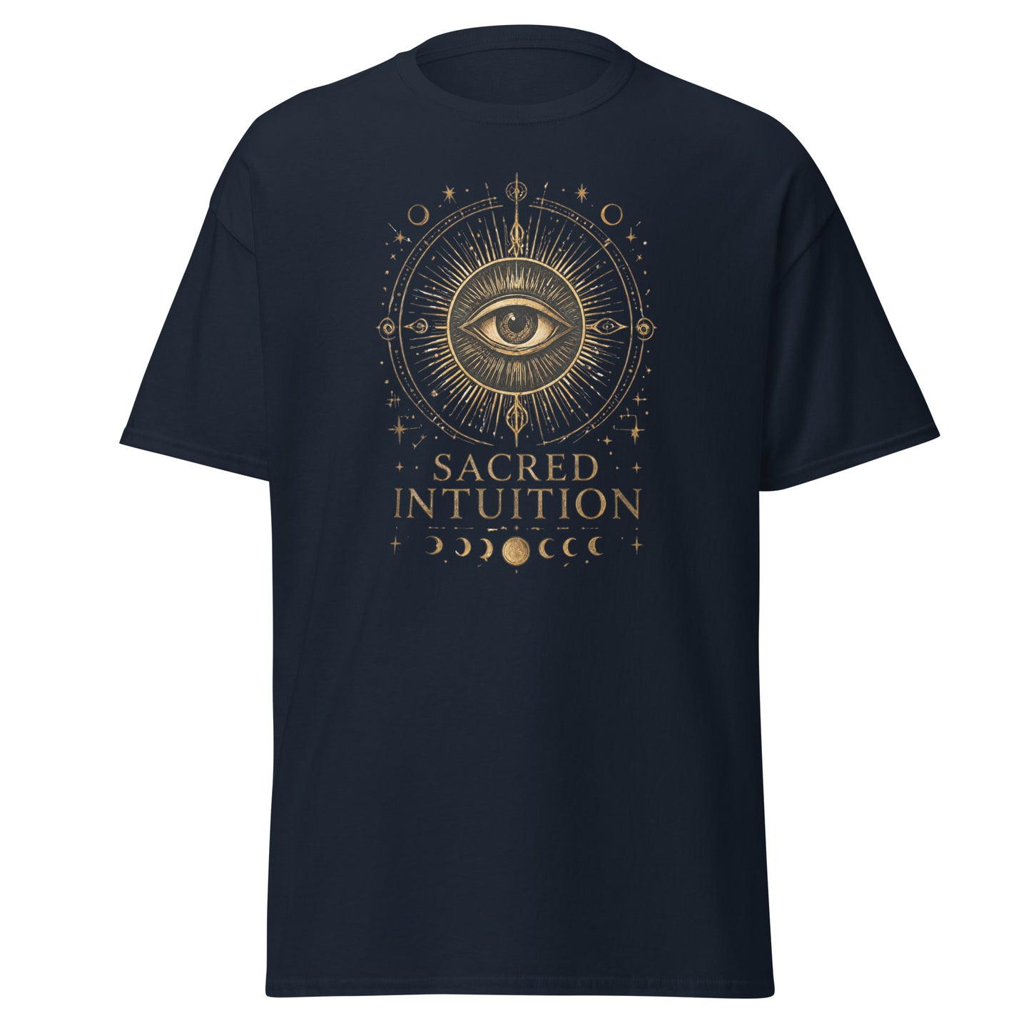 Navy blue unisex t-shirt featuring an all-seeing eye illustration with celestial symbols, moon phases, and the inspirational phrase “Sacred Intuition.”