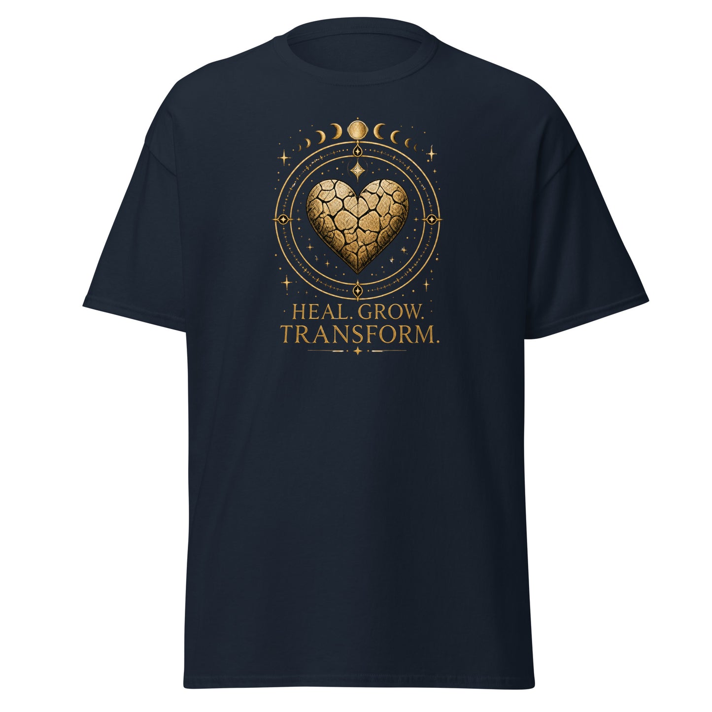 Front view of Navy Heal Grow Transform Mystical Spiritual Tee by Enlight Me Center