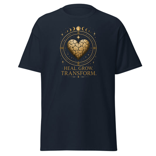 Front view of Navy Heal Grow Transform Mystical Spiritual Tee by Enlight Me Center
