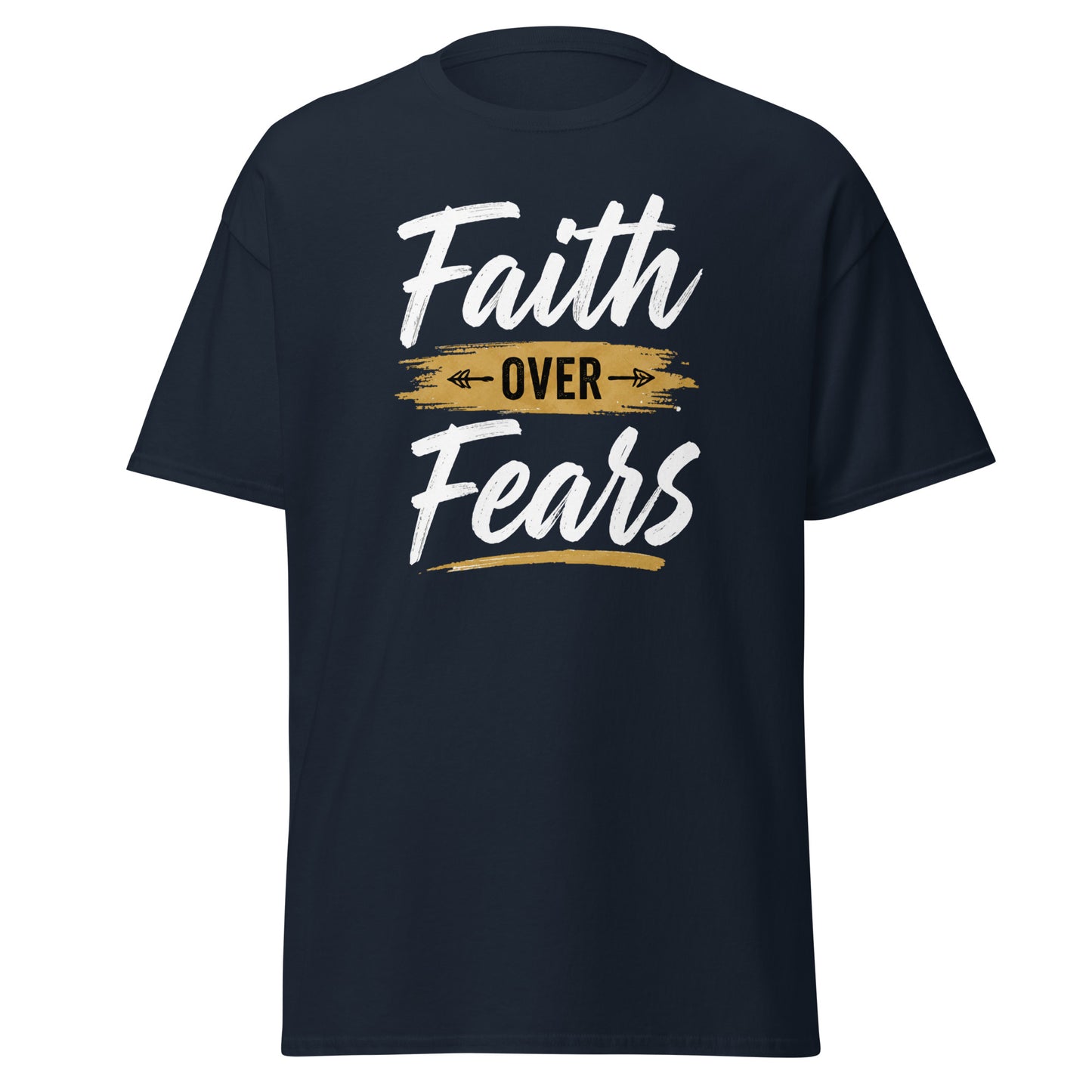 Front view of Navy Faith Over Fears Spiritual Quote Tee by Enlight Me Center