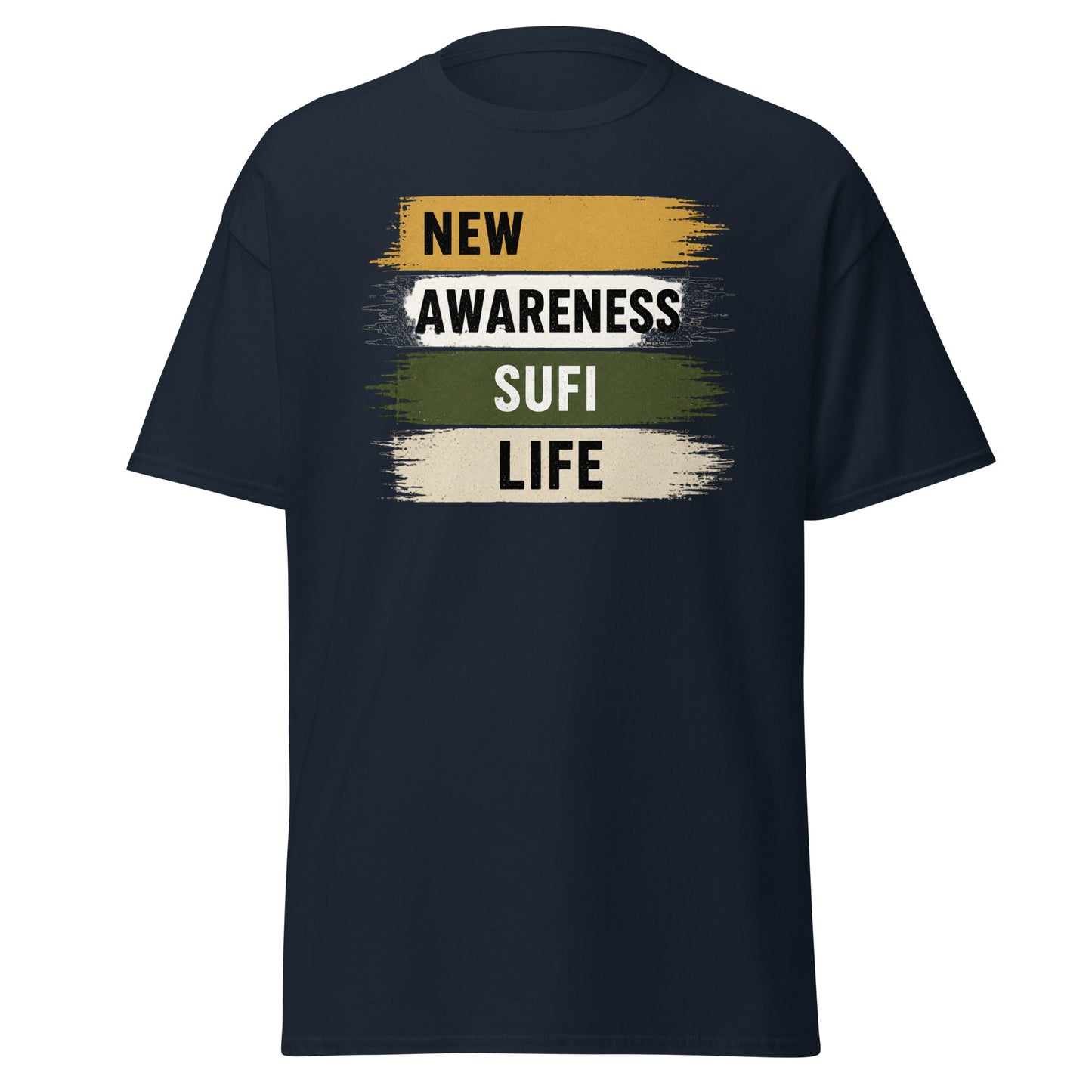 Front view of Navy New Awareness Sufi Life Spiritual Quote Tee by Enlight Me Center