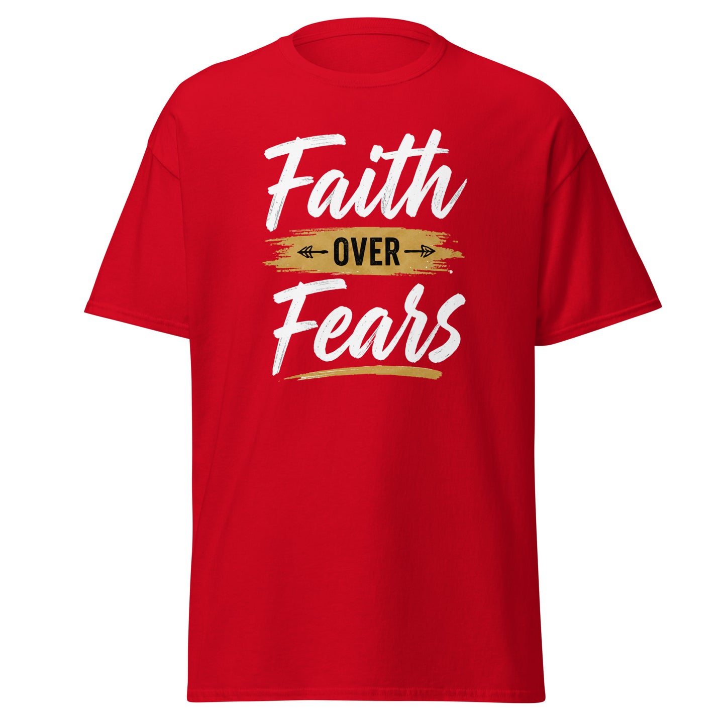 Front view of Red Faith Over Fears Spiritual Quote Tee by Enlight Me Center