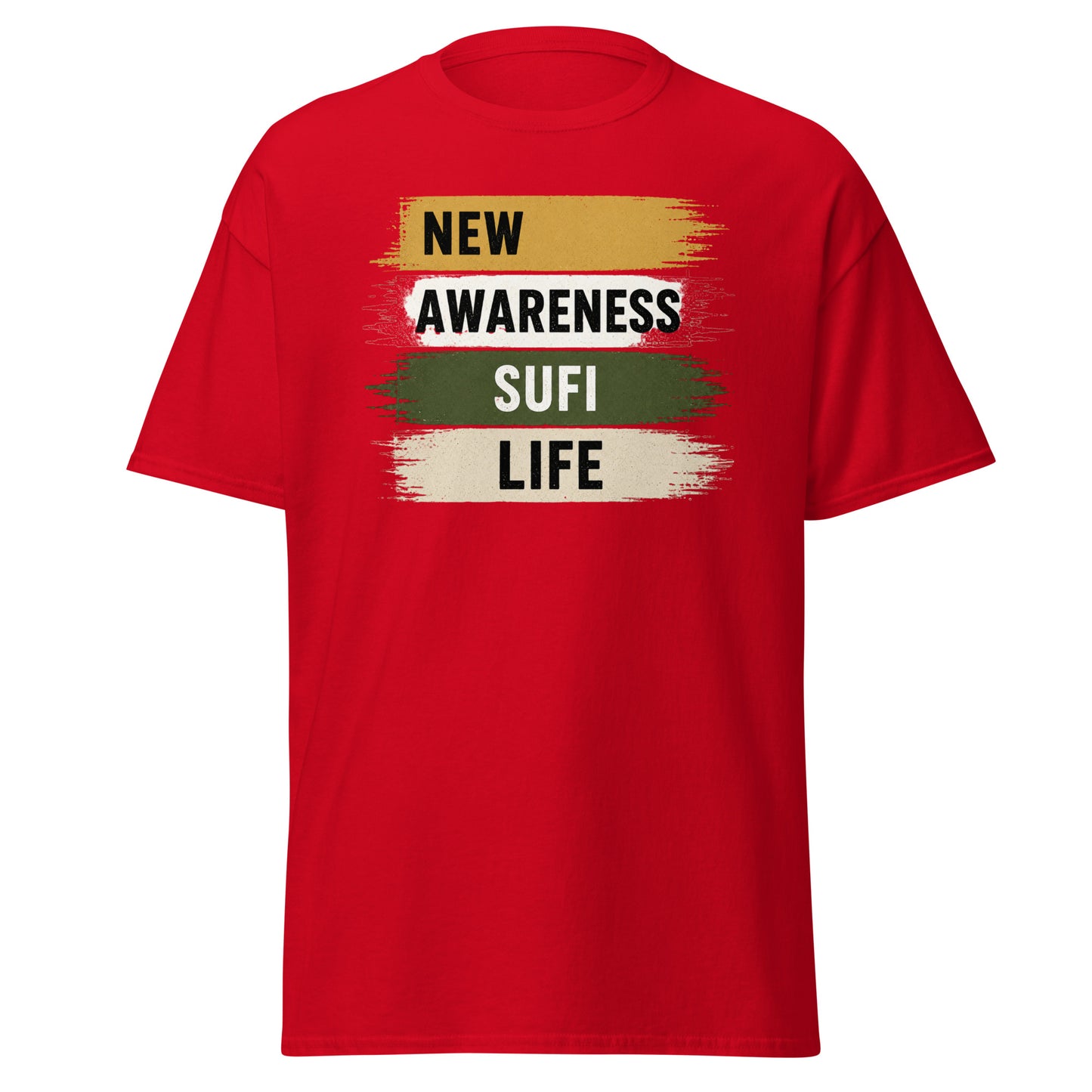 Front view of Red New Awareness Sufi Life Spiritual Quote Tee by Enlight Me Center