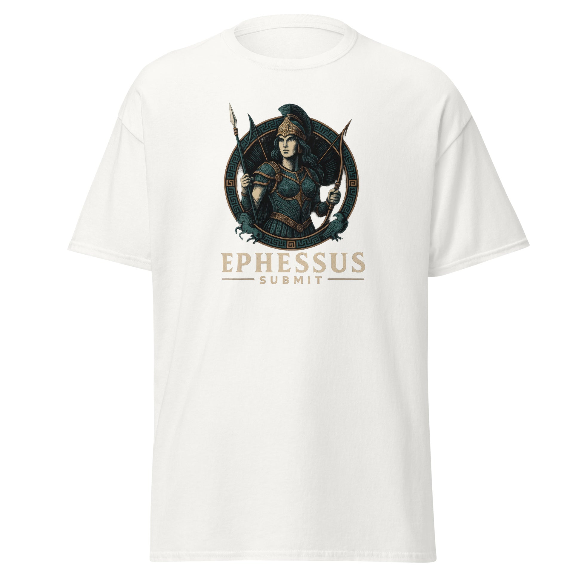 Front view of White Ephessus Athena The Owl-Bearer Divine Feminine Classic Tee by Enlight Me Center
