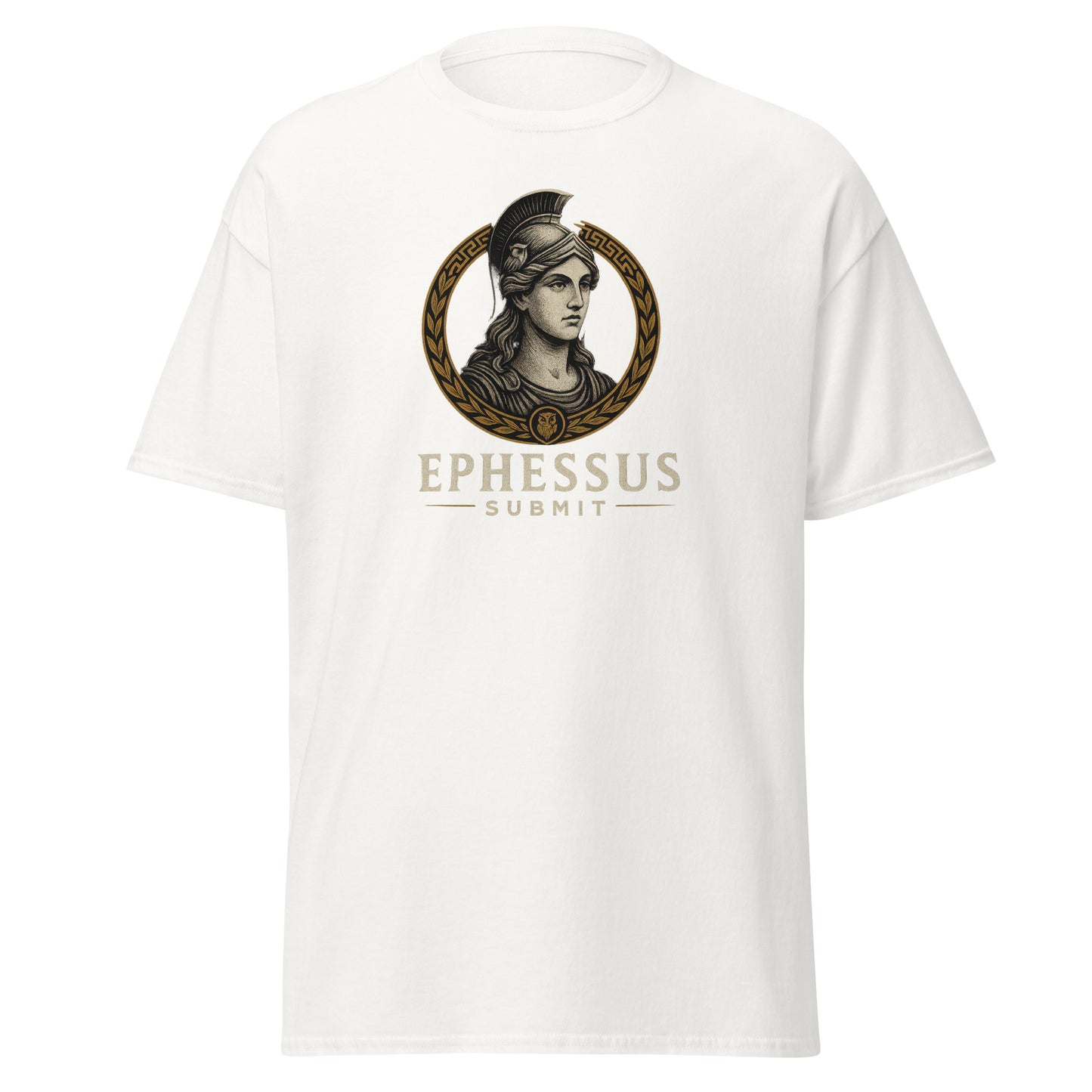 Front view of White Ephessus Athena The Wise Guardian Divine Feminine Classic Tee by Enlight Me Center