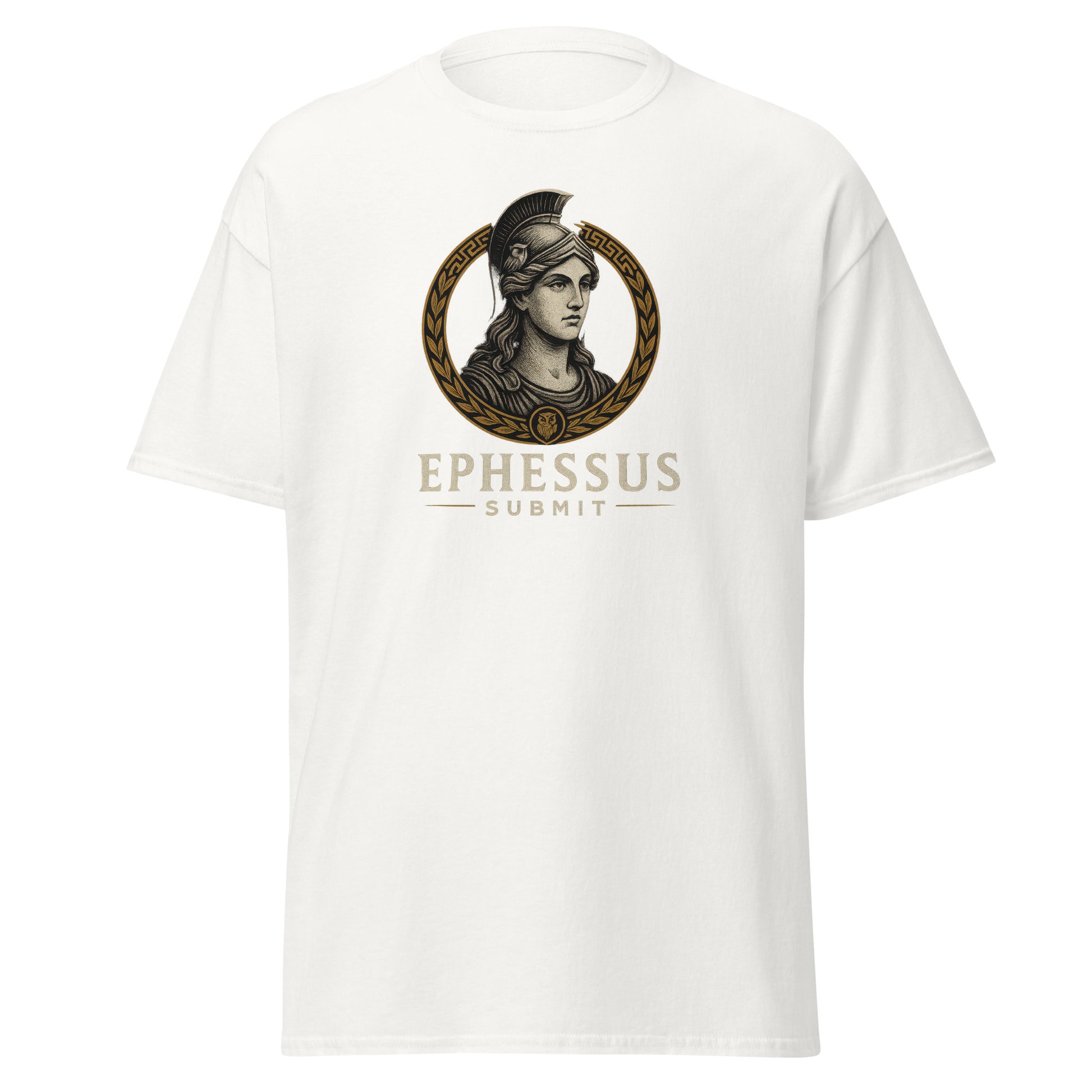Front view of White Ephessus Athena The Wise Guardian Divine Feminine Classic Tee by Enlight Me Center