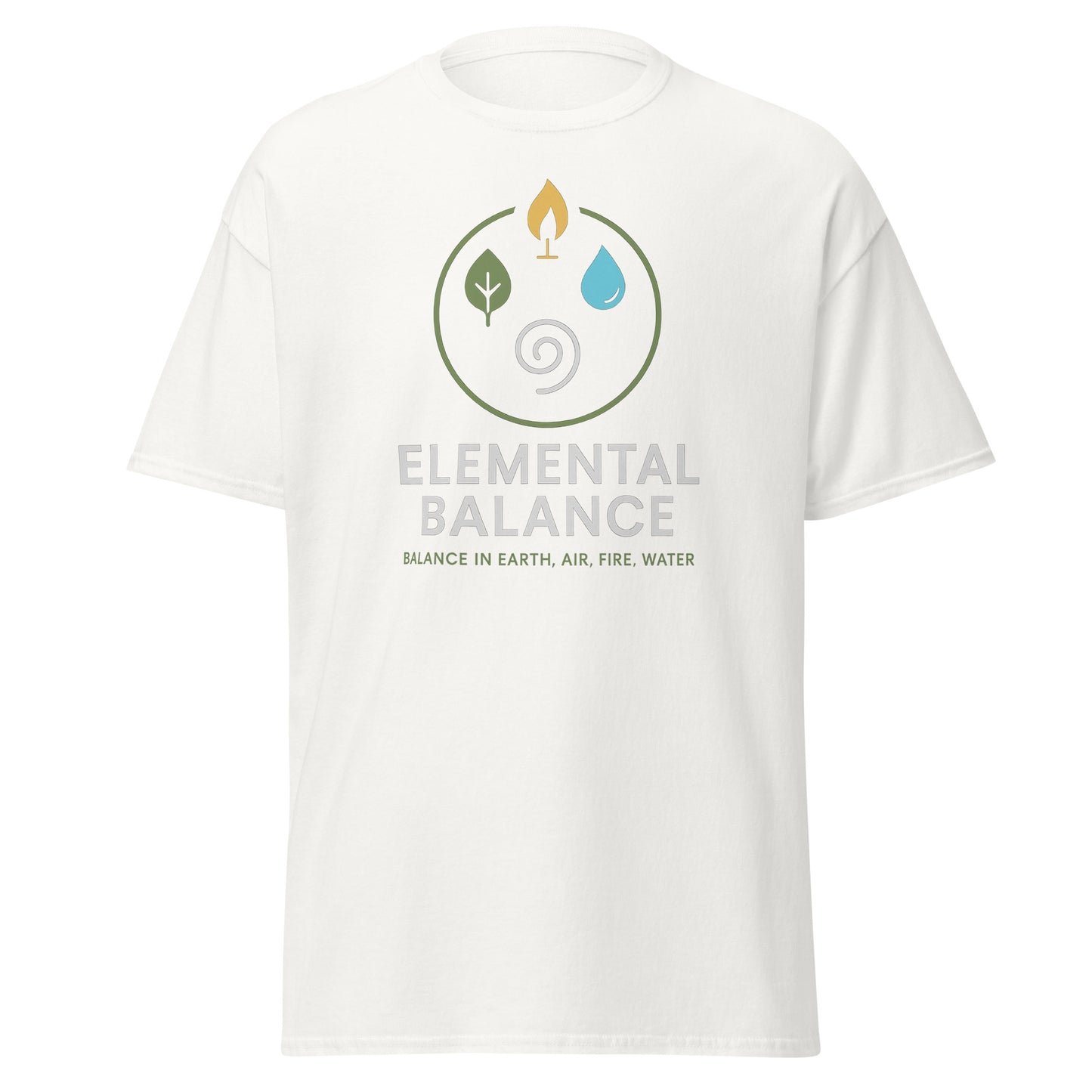 Front view of White Elemental Balance Spiritual Tee by Enlight Me Center
