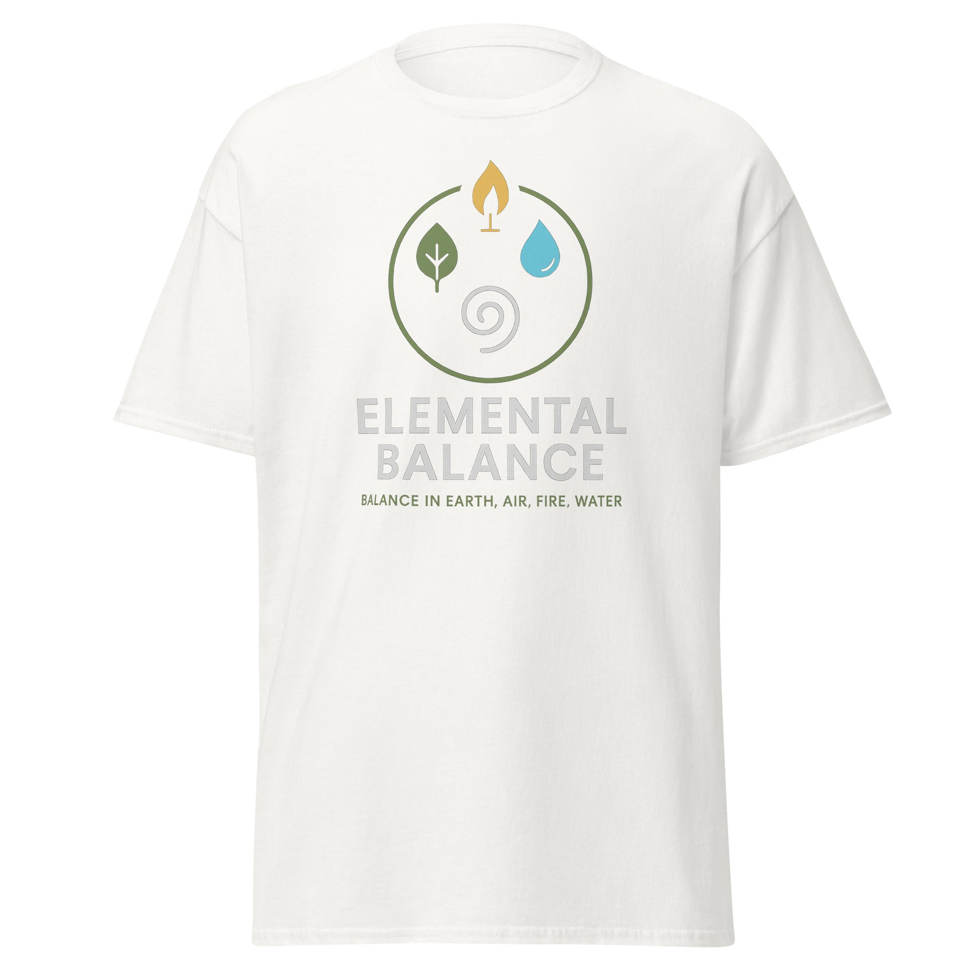 Front view of White Elemental Balance Spiritual Tee by Enlight Me Center