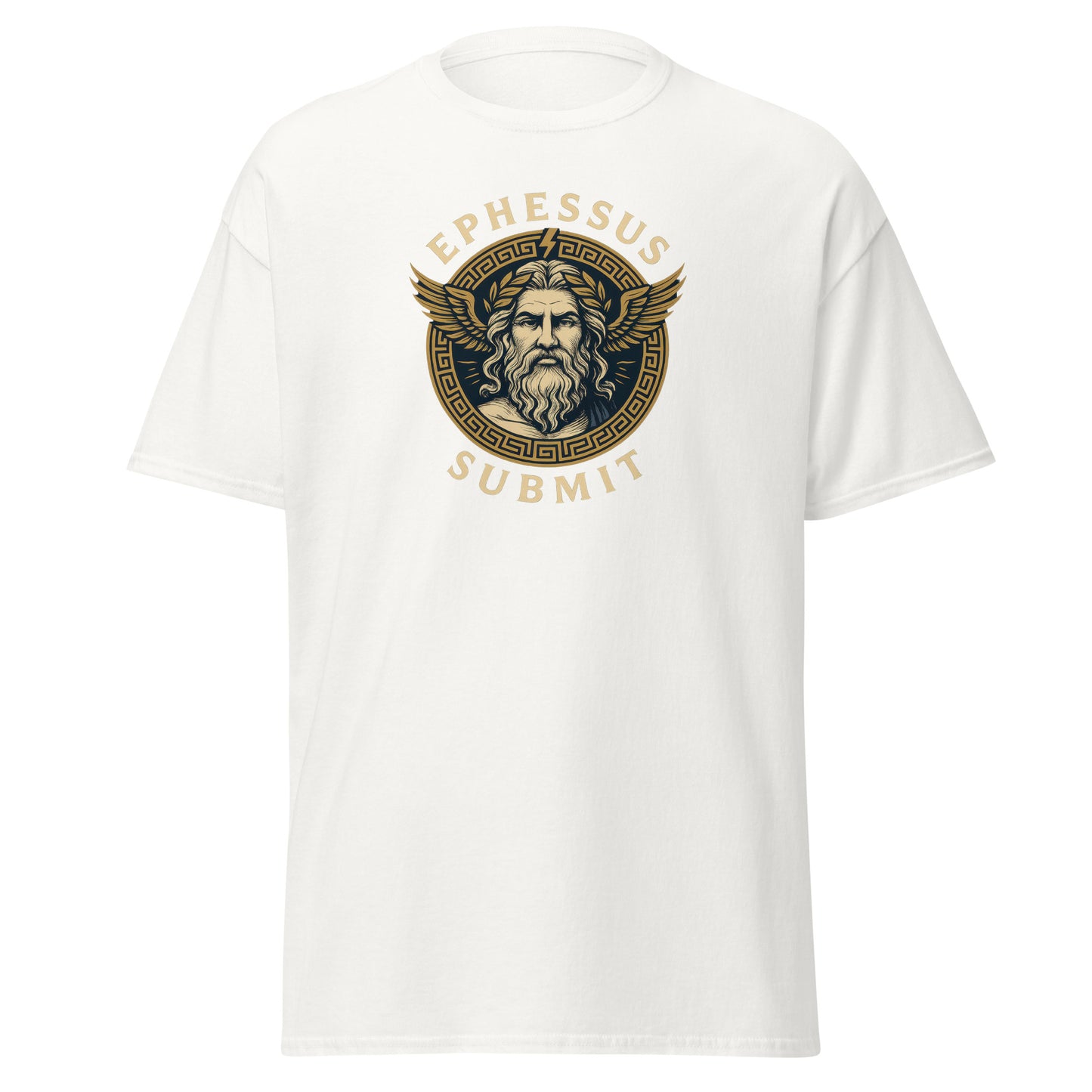 Front view of White Ephessus Zeus The Thunder King Mythology Classic Tee by Enlight Me Center