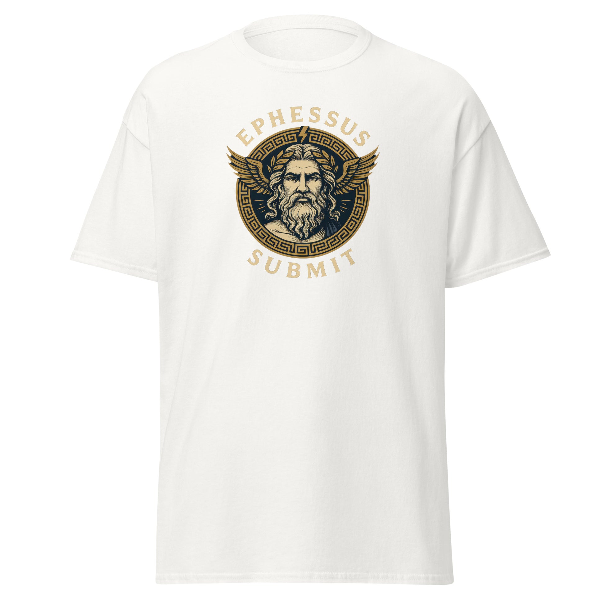 Front view of White Ephessus Zeus The Thunder King Mythology Classic Tee by Enlight Me Center