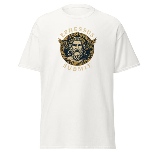 Front view of White Ephessus Zeus The Thunder King Mythology Classic Tee by Enlight Me Center