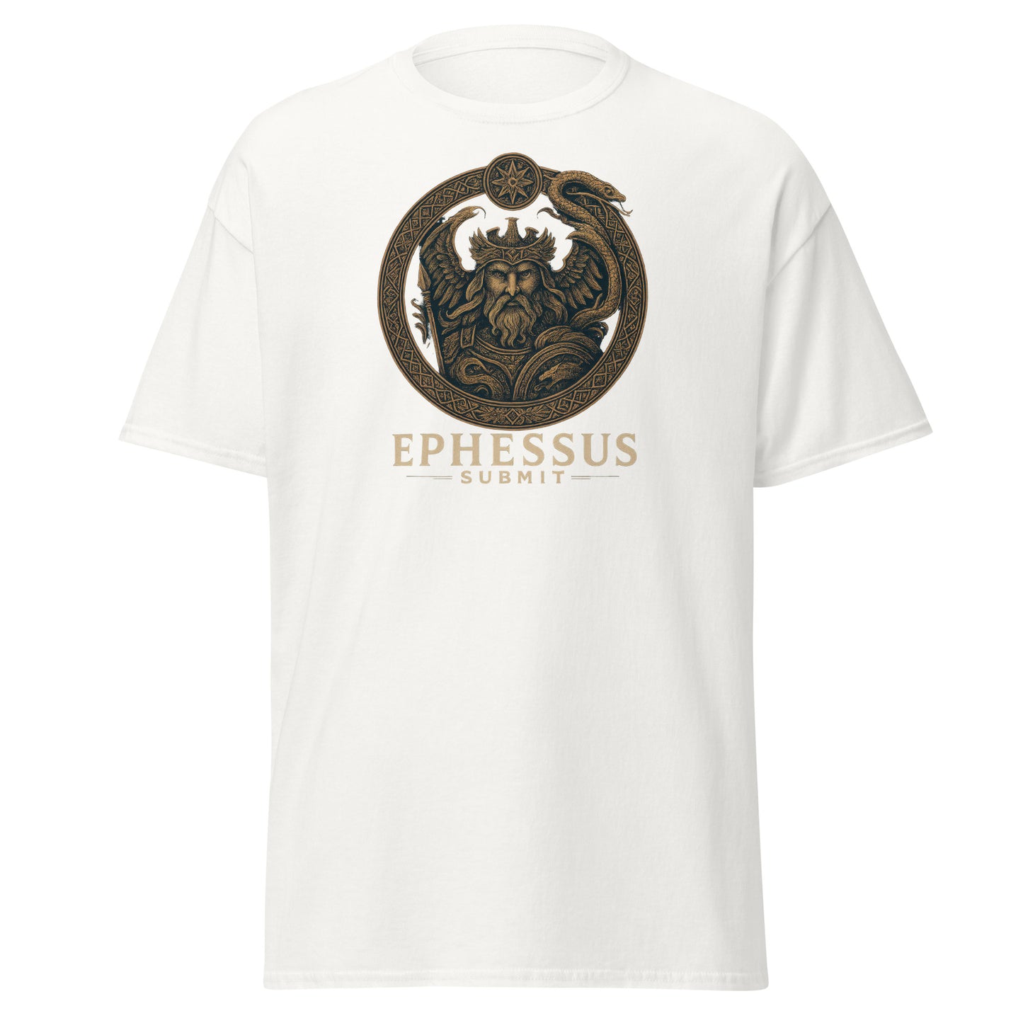 Front view of White Ephessus Poseidon The Storm Bringer Mythology Classic Tee by Enlight Me Center