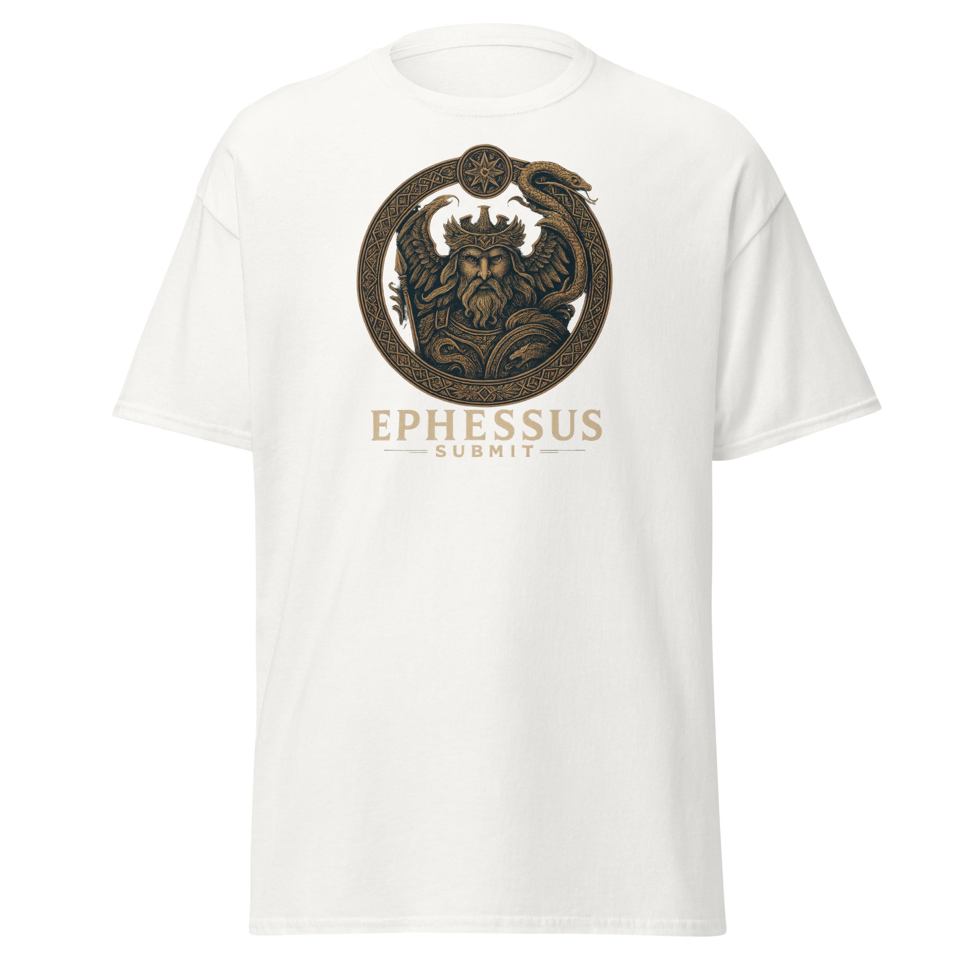 Front view of White Ephessus Poseidon The Storm Bringer Mythology Classic Tee by Enlight Me Center