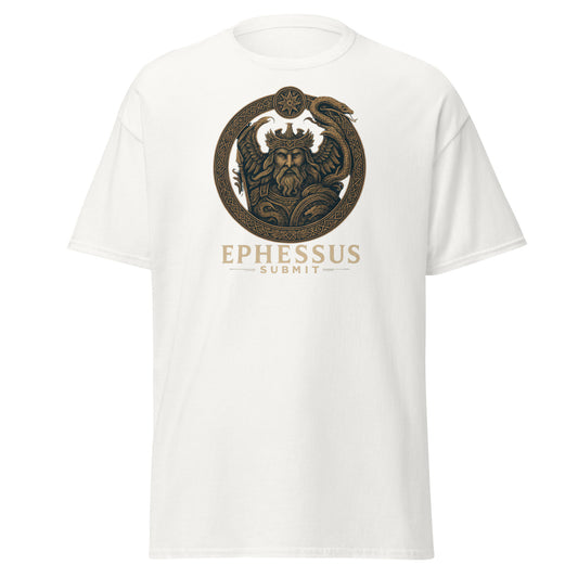 Front view of White Ephessus Poseidon The Storm Bringer Mythology Classic Tee by Enlight Me Center